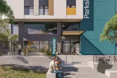portaria térreo render logo Parkside totem sinalização teal amarelo escada fachada jardins pessoas banco — Parkside Itacorubi em Itacorubi, Florianópolis