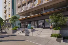 fachada render frontal térreo 10 andares varandas teal amarelo portaria café vidro rua jardins bicicleta — Parkside Itacorubi em Itacorubi, Florianópolis