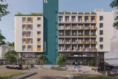 fachada render frontal alternativo 10 andares varandas teal amarelo térreo comercial vitrine rua jardins carros — Parkside Itacorubi em Itacorubi, Florianópolis