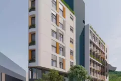 fachada render ângulo lateral posterior 10 andares bege varandas teal amarelo árvores rua carros — Parkside Itacorubi em Itacorubi, Florianópolis