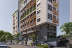 fachada render ângulo superior lateral 10 andares varandas teal amarelo portaria rua jardins carros sinalização — Parkside Itacorubi em Itacorubi, Florianópolis