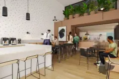 café coworking render balcão branco bancos máquinas café pendentes pretos plantas jardim vertical pessoas — Parkside Itacorubi em Itacorubi, Florianópolis