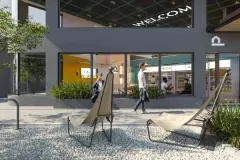fachada render detalhe térreo portaria vidro logo Parkside banco bege jardins pessoas dia — Parkside Itacorubi em Itacorubi, Florianópolis