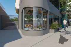 fachada render detalhe térreo ângulo alternativo portaria vidro logo market espaços internos pessoas — Parkside Itacorubi em Itacorubi, Florianópolis