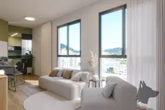 living render sofá branco redondo poltronas janelas panorâmicas duplas vista bairro morro Florianópolis dia — Parkside Itacorubi em Itacorubi, Florianópolis