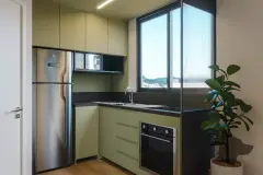 cozinha real armários verdes geladeira inox forno elétrico bancada escura janela vista morro planta — Parkside Itacorubi em Itacorubi, Florianópolis