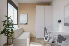 home office render sofá branco armário alto mesa trabalho cadeira ergonômica branca planta janela vista morro — Parkside Itacorubi em Itacorubi, Florianópolis
