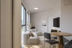 living jantar render sofá branco redondo mesa oval madeira janelas panorâmicas vista bairro morro Florianópolis TV — Parkside Itacorubi em Itacorubi, Florianópolis