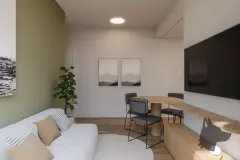 living jantar render ângulo alternativo sofá branco parede verde mesa redonda cadeiras pretas TV rack madeira — Parkside Itacorubi em Itacorubi, Florianópolis