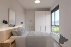 dormitório casal render cama casal cabeceira madeira LED armário branco roupão janela vista morro dia — Parkside Itacorubi em Itacorubi, Florianópolis