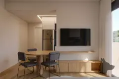 living jantar render mesa redonda madeira cadeiras pretas TV rack madeira cozinha geladeira porta LED — Parkside Itacorubi em Itacorubi, Florianópolis