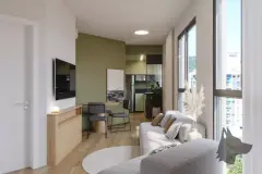 dormitório loft render cama casal cabeceira madeira ripas brancas escada espiral preta TV parede verde armário closet — Parkside Itacorubi em Itacorubi, Florianópolis