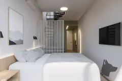 home office render sofá branco mesa trabalho cadeira ergonômica branca planta janela vista morro ângulo alternativo — Parkside Itacorubi em Itacorubi, Florianópolis