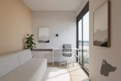 dormitório real cama solteiro armários brancos mesa trabalho cadeira cinza tapete circular janela vista cidade — Parkside Itacorubi em Itacorubi, Florianópolis