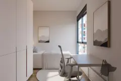 dormitório loft real cama casal cabeceira madeira LED ripas brancas escada espiral armário verde closet iluminado — Parkside Itacorubi em Itacorubi, Florianópolis