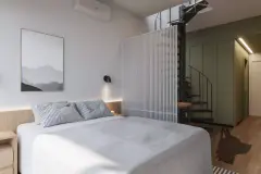 dormitório casal real cama casal cabeceira madeira LED arco portal banheiro roupão escrivaninha planta — Parkside Itacorubi em Itacorubi, Florianópolis