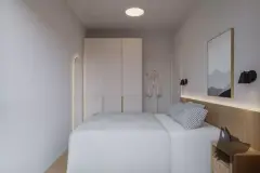 dormitório real menor cama solteiro armário branco arco iluminado roupão cabeceira madeira abajur noturno — Parkside Itacorubi em Itacorubi, Florianópolis