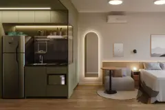 studio loft integrado noturno ângulo alternativo cama casal sofá poltrona mesa café TV prateleira madeira janela morro — Parkside Itacorubi em Itacorubi, Florianópolis