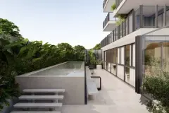 render piscina retangular deck lateral jardim tropical vegetação edifício varandas plantas fundo entardecer — Physis Place em Centro, Florianópolis
