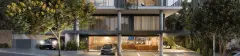 render fachada térreo frontal edifício pilotis colunas cinzas loja café vidro garagem ipê amarelo carros dia — Physis Place em Centro, Florianópolis