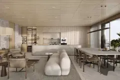 render living jantar integrado sofá curvo branco poltrona mesa oval iluminação natural madeira carvalho pedra cozinha fundo janela vista cidade — Physis Place em Centro, Florianópolis