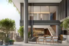 render terraço varanda duplex pé direito duplo colunas cinzas pilotis jardins poltronas bean bag mesa jantar cadeiras escada interna cozinha fundo vista bairro — Physis Place em Centro, Florianópolis
