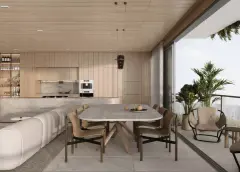 render living jantar integrado ângulo alternativo mesa pedra mármore cinza cadeiras caramelo sofá branco cozinha fundo varanda plantas — Physis Place em Centro, Florianópolis
