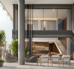 render terraço varanda duplex pé direito duplo ângulo alternativo colunas cinzas pilotis jardins poltronas bean bag mesa jantar cadeiras escada interna cozinha — Physis Place em Centro, Florianópolis