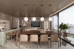 render living jantar integrado mesa madeira cadeiras poltronas pendentes esféricos brancos adega bar balcão verde varanda vista bairro — Physis Place em Centro, Florianópolis
