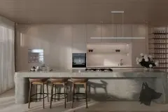 render cozinha integrada ilha balcão mármore verde bancos sala jantar adega lateral janela vista bairro luz natural dia — Physis Place em Centro, Florianópolis