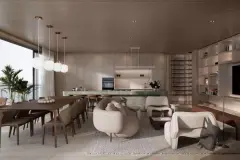 render living jantar integrado mesa oval sofá curvo branco poltronas sala estar TV bancada madeira janelas panorâmicas vista bairro — Physis Place em Centro, Florianópolis