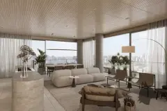 render living integrado sofá modular branco poltrona marrom mesa café janelas panorâmicas vista skyline cidade dia cortinas — Physis Place em Centro, Florianópolis