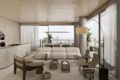 render living integrado ângulo alternativo sofá branco poltrona marrom mesa café janelas panorâmicas vista skyline cidade — Physis Place em Centro, Florianópolis