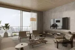 render living TV parede pedra calcária rack janelas panorâmicas vista skyline cidade poltronas marrom mesa café sala estar — Physis Place em Centro, Florianópolis