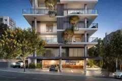 render fachada noturno frontal edifício 10 andares varandas plantas pilotis iluminado carros rua — Physis Place em Centro, Florianópolis
