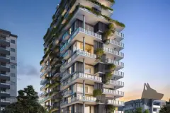 render fachada noturno superior edifício varandas jardins verticais plantas pendentes iluminado entardecer céu laranja — Physis Place em Centro, Florianópolis