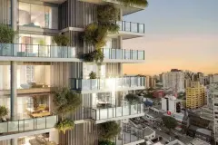 render fachada detalhe ângulo lateral varandas jardins verticais plantas pendentes vista bairro Centro Florianópolis entardecer — Physis Place em Centro, Florianópolis