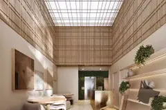 render hall recepção lobby madeira ripas teto claraboia luminoso prateleiras plantas escrivaninha recepção elevador — Physis Place em Centro, Florianópolis