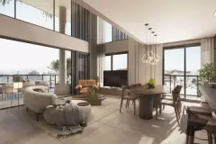 render living jantar pé direito duplo sofá redondo mesa jantar oval cadeiras janelas altas duplas varanda vista bairro dia — Physis Place em Centro, Florianópolis