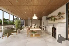 render espaço gourmet salão festas mesas redondas cadeiras verdes poltronas arredondadas balcão bancada janelas jardim tropical — Physis Place em Centro, Florianópolis
