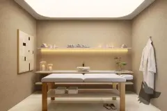 render sala massagem spa mesa massagem madeira estante toalhas vela difusor roupão bege parede estucada — Physis Place em Centro, Florianópolis