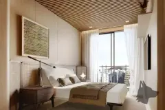 render dormitório casal cabeceira madeira LED ripas cama casal janela grande sacada vista bairro TV quadro arte — Physis Place em Centro, Florianópolis