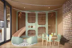 render brinquedoteca playground infantil parede trepador rede verde piscina bolinhas mesa cadeiras coelhos tapete alfabeto — Physis Place em Centro, Florianópolis