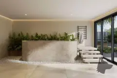 render banheiro spa banheira oval cimento pedriscos planta bananeira toalheiro preto escada cimento janela jardim — Physis Place em Centro, Florianópolis