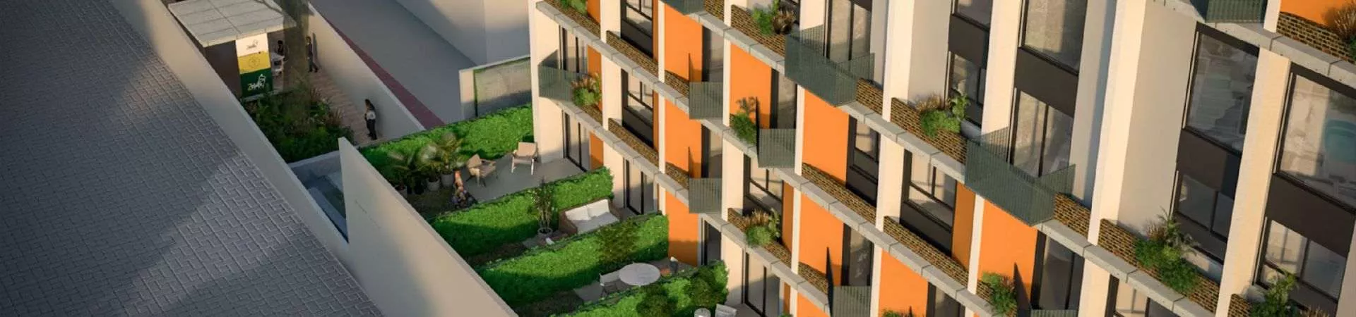 render vista superior fachada lateral edifício coliving varandas laranja jardim interno corredores pessoa dia — Pio 4 em Córrego Grande, Florianópolis