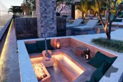 render rooftop área fogueira embutida madeira almofadas verdes guitarra velas piscina espreguiçadeiras entardecer — Playa Negra Residence em Agronômica, Florianópolis