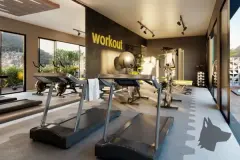 render academia musculação esteiras bicicletas halteres parede Workout amarelo janela vista morro — Playa Negra Residence em Agronômica, Florianópolis