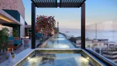 render rooftop piscina borda infinita hidromassagem pérgola madeira vista baía entardecer — Playa Negra Residence em Agronômica, Florianópolis