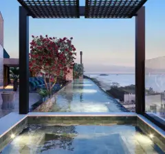 render rooftop piscina borda infinita bougainvillea vermelha espreguiçadeiras pérgola metal vista baía entardecer — Playa Negra Residence em Agronômica, Florianópolis