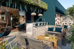render terraço área convivência balcão bar bancos azuis poltrona suspensa jardins parede teal — Playa Negra Residence em Agronômica, Florianópolis